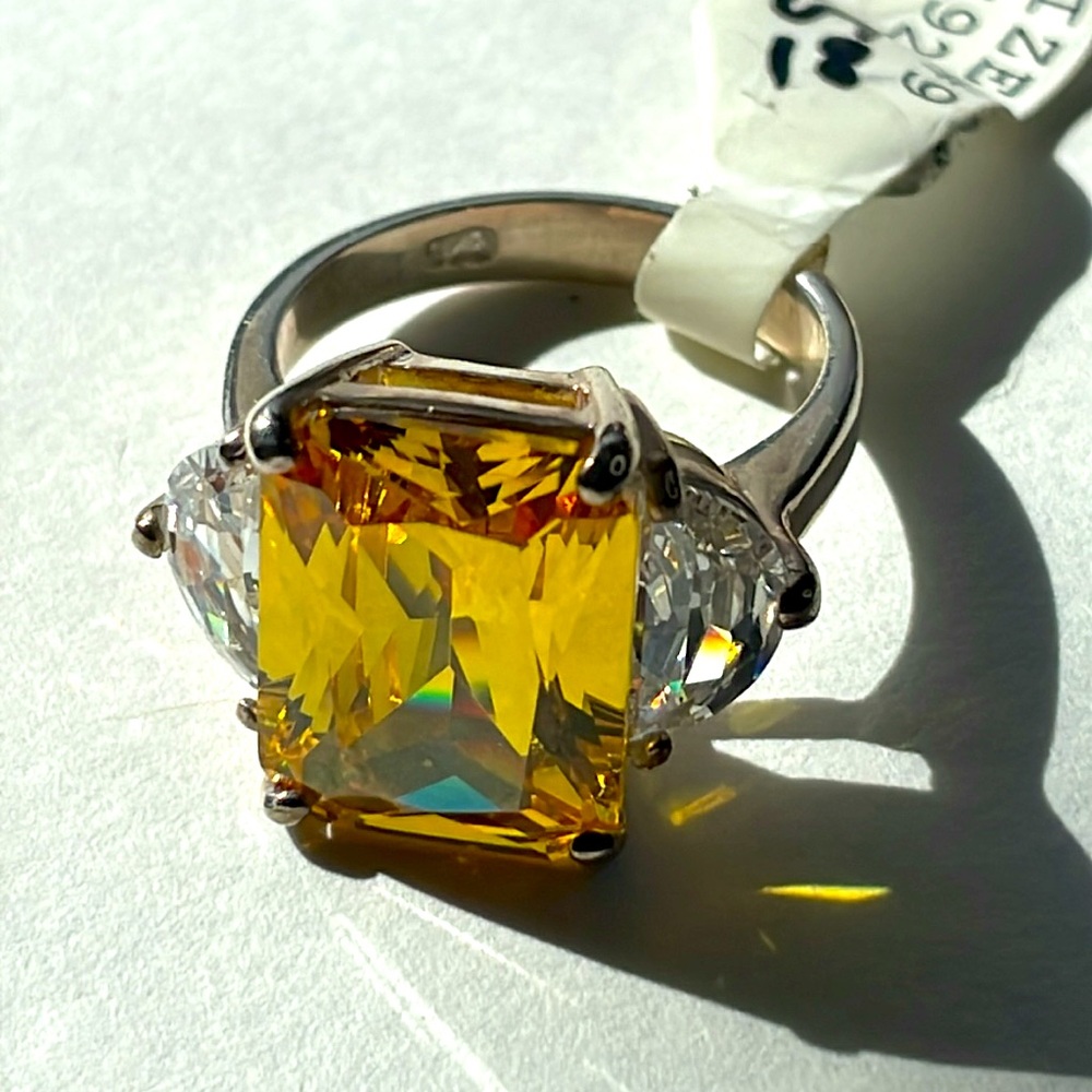 Bold Golden Yellow CZ 925 Sterling Silver Size 9 Large Cocktail Ring